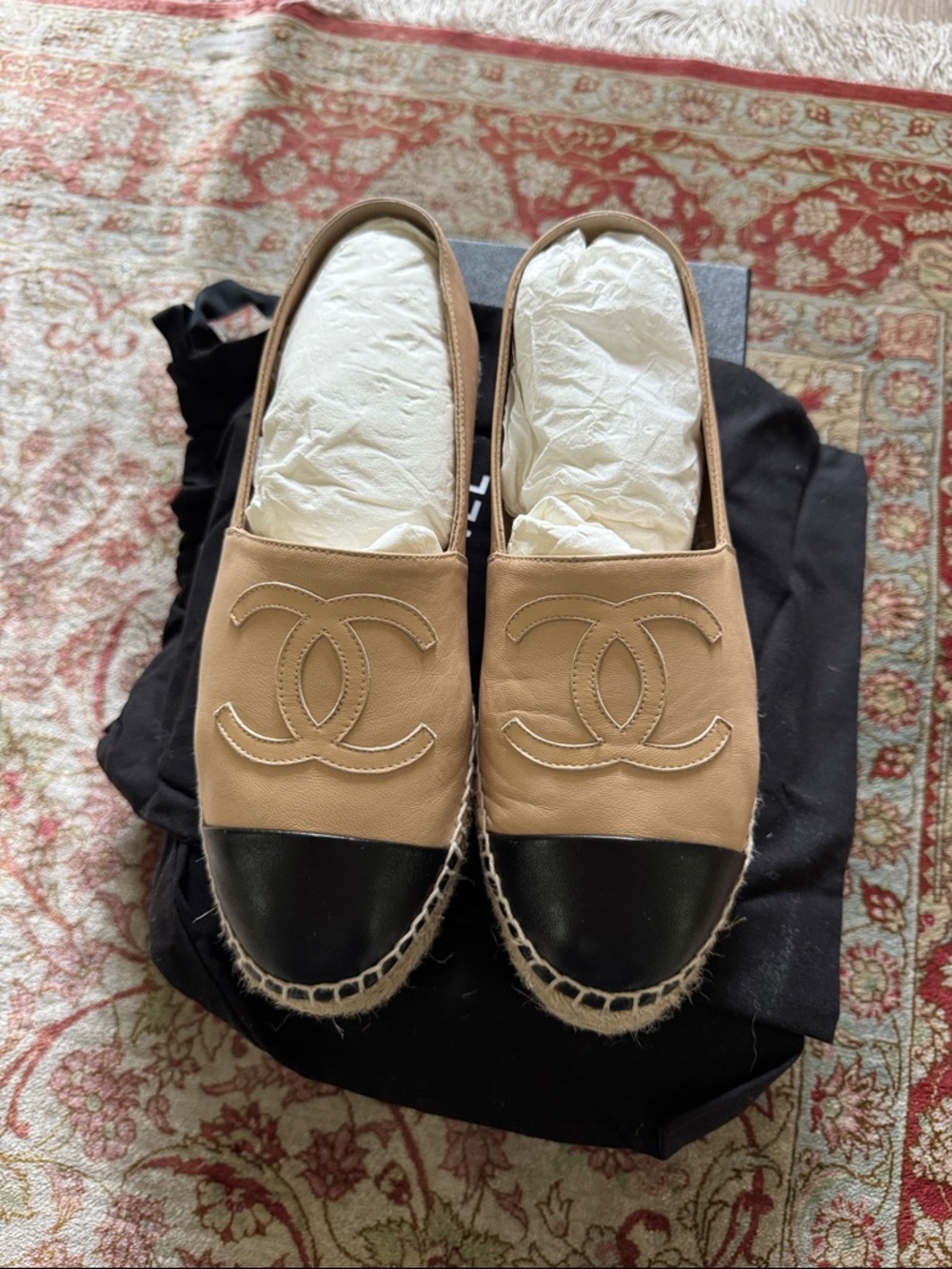 CHANEL Beige Leather Espadrilles with Black Toe Cap - Picture 2 of 6